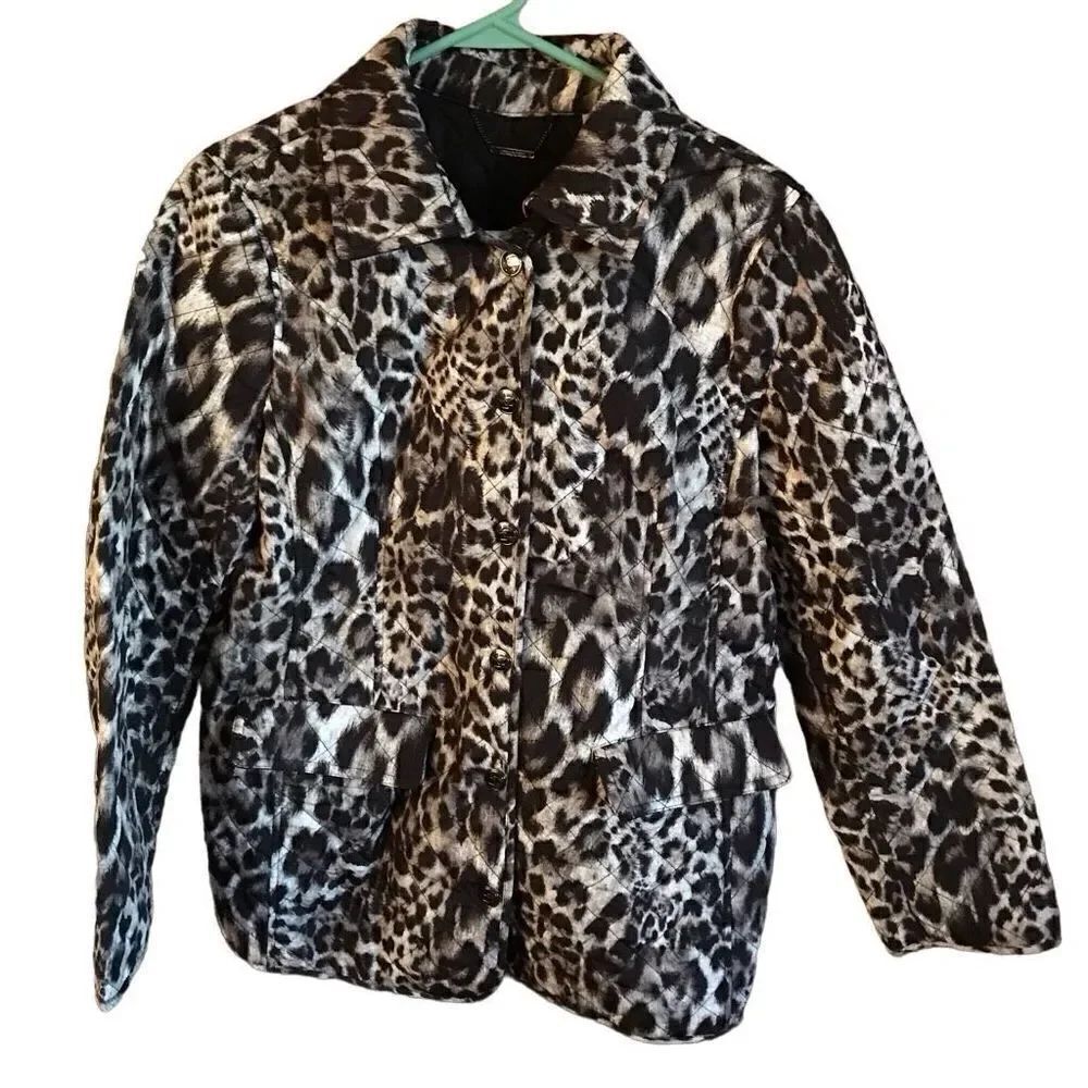Chicos Womens Size 1 = Medium Quilted Jacket coat black leopard print snap front
